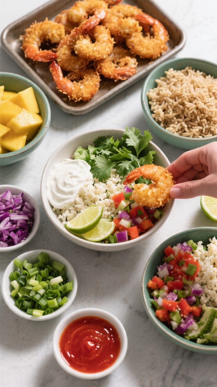 Overhead tasty top view: Build-your-own bowl spread showcasing finished components—tray of crisp c