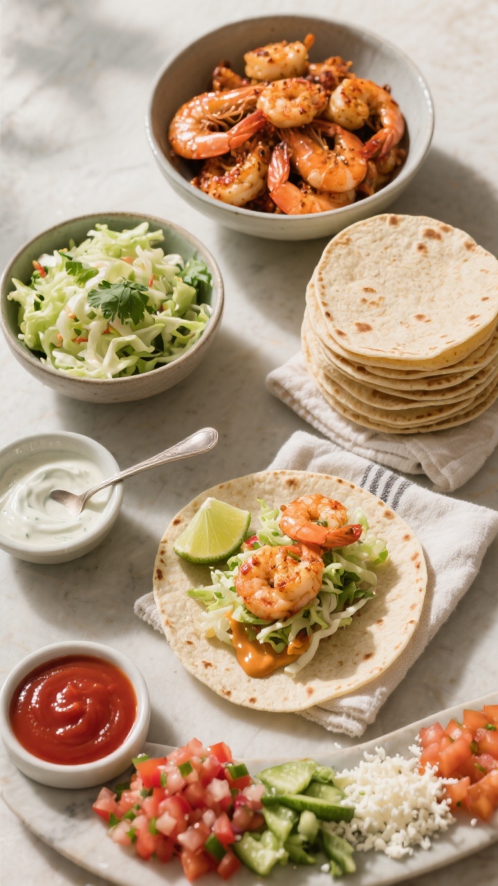 Overhead tasty top view: Build-your-own taco spread showing cooked spiced shrimp in a shallow bowl, 