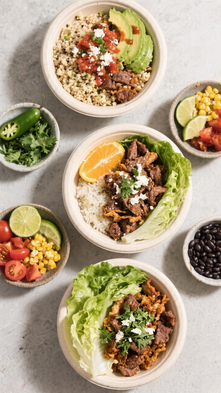 Overhead tasty top view, customizable spread: Top-down shot of a build-your-own taco bowl scene with