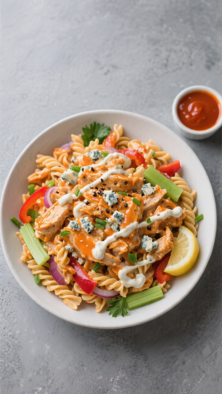 Overhead “tasty top view” final dish: A heaping bowl of Creamy Buffalo Chicken Protein Pasta Sal
