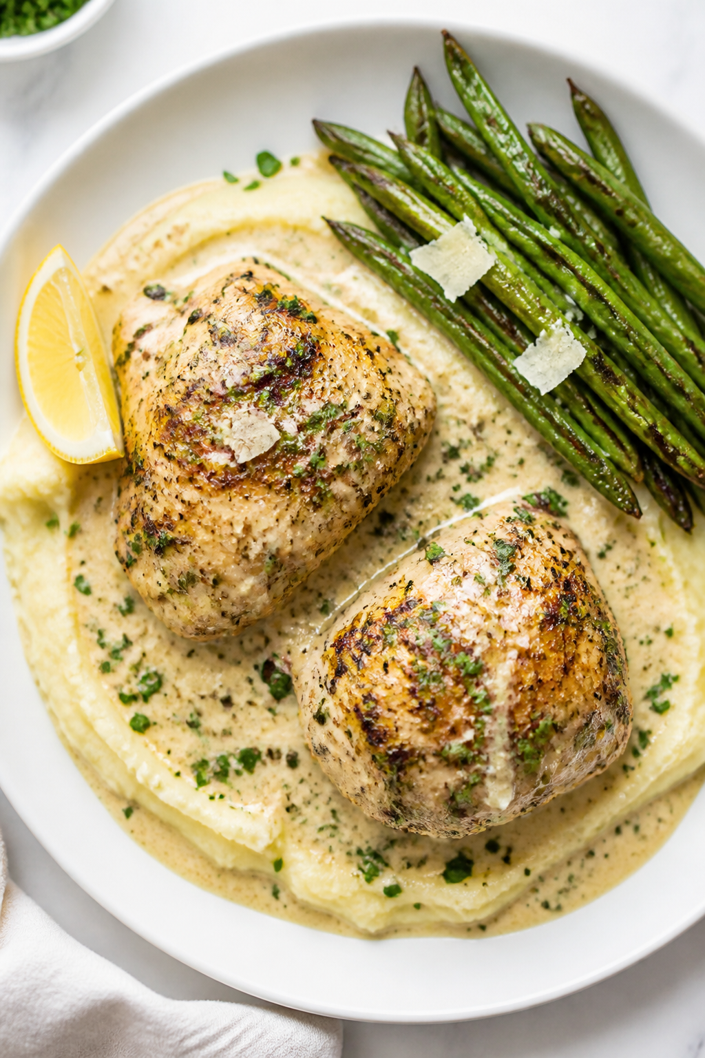 Overhead tasty top view: final plated Creamy Ranch Chicken Thighs on a wide white plate with a gener
