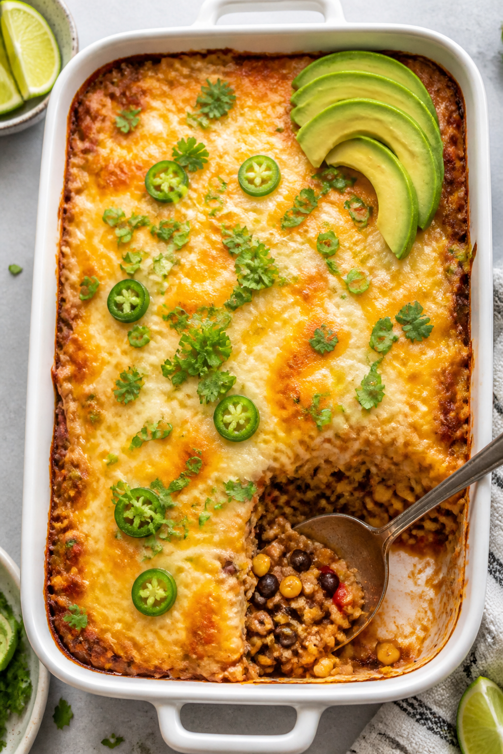 Overhead tasty top view: Freshly baked Cheesy Taco Cauliflower Rice Bake in a 9x13 dish, bubbling ed