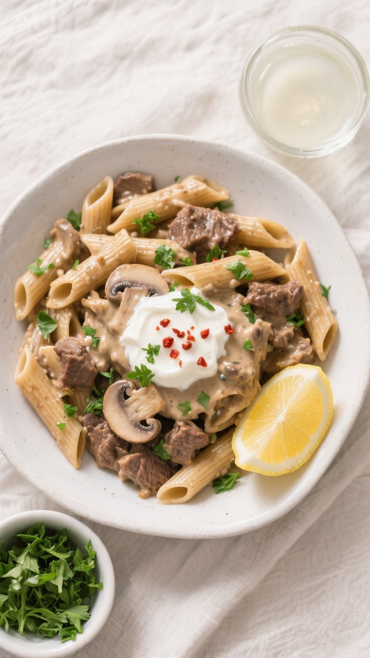 Overhead “tasty top view”: Healthy Beef Stroganoff Pasta tossed with whole-wheat penne, coated i