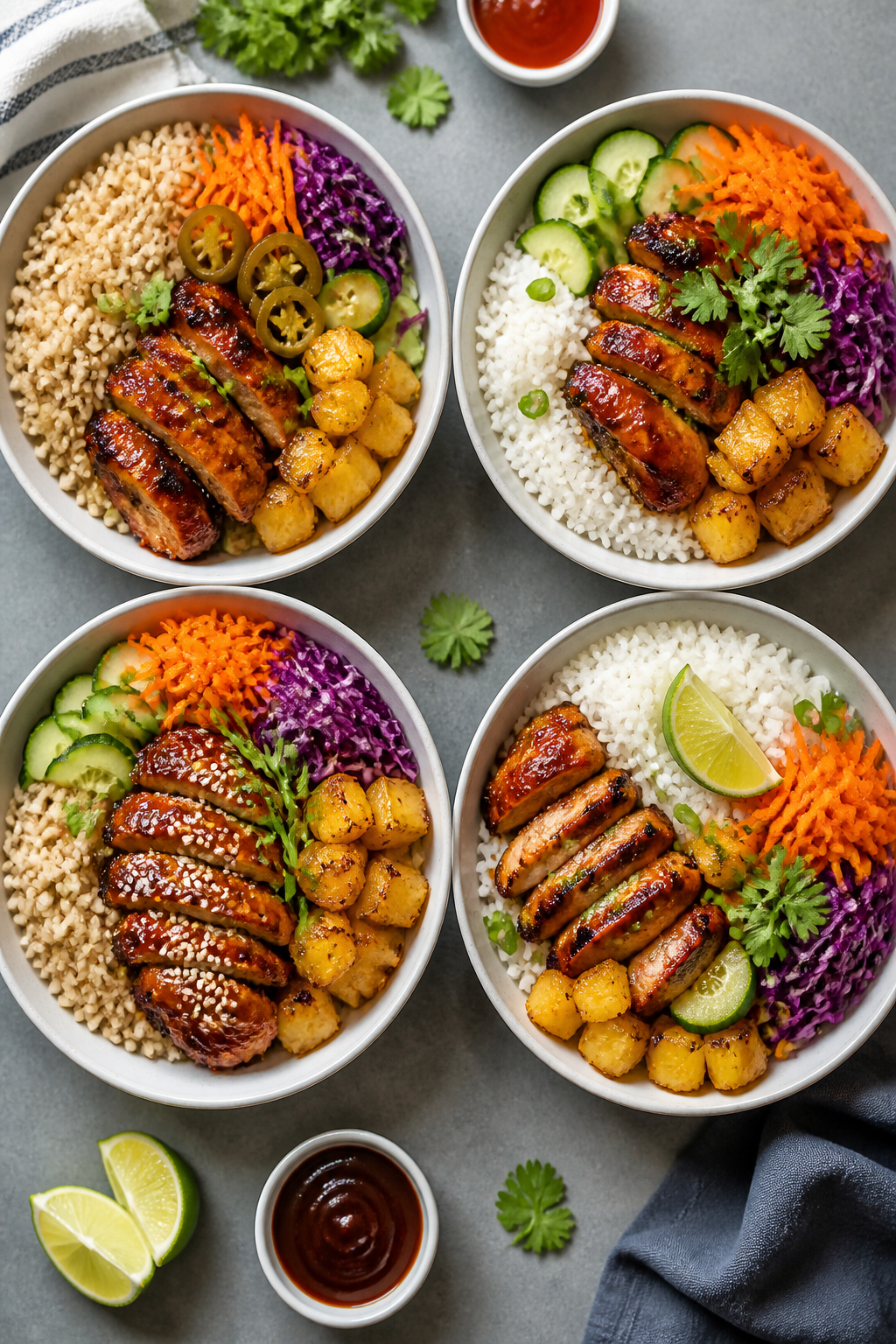 Overhead tasty top view: Meal-prep lineup of Hawaiian BBQ chicken bowls—four bowls arranged grid-s
