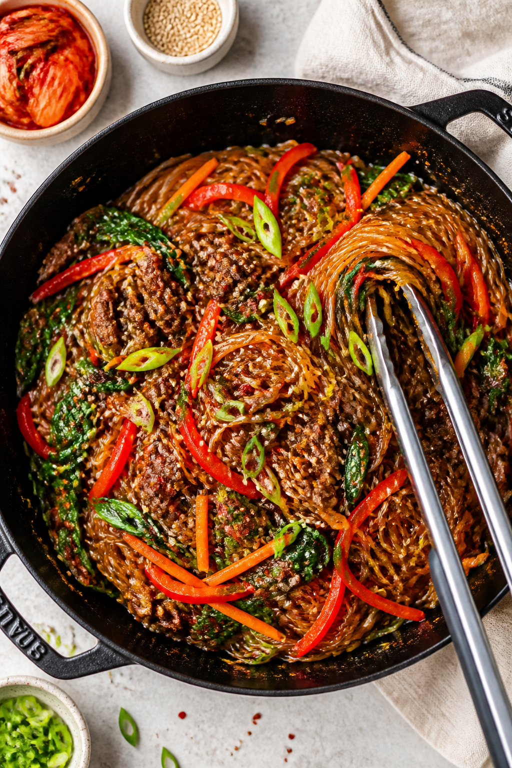 Overhead “tasty top view” of a family-style skillet of completed Spicy Korean Beef Glass Noodles