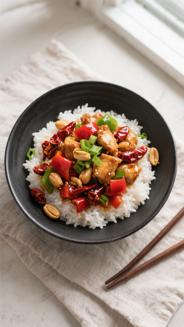 Overhead “tasty top view” of a final plated Kung Pao Chicken bowl over fluffy steamed jasmine ri