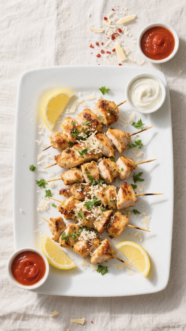 Overhead “tasty top view” of a serving platter of finished garlic parmesan chicken skewers arran