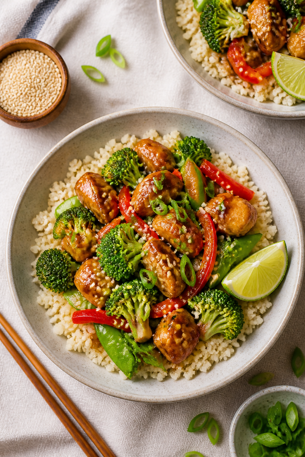 Overhead “tasty top view” of assembled Teriyaki Chicken Cauliflower Rice Bowls: fluffy cauliflow