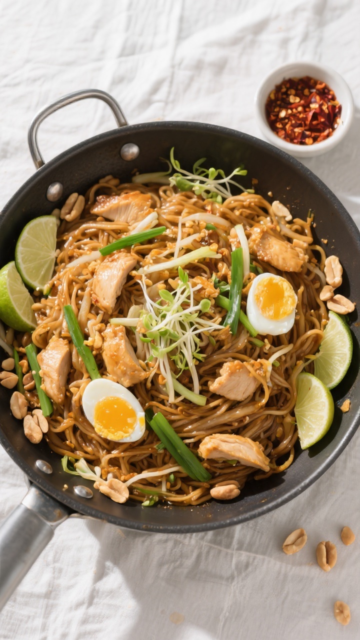 Overhead “tasty top view” of Chicken Pad Thai served family-style in a wide skillet: evenly coat