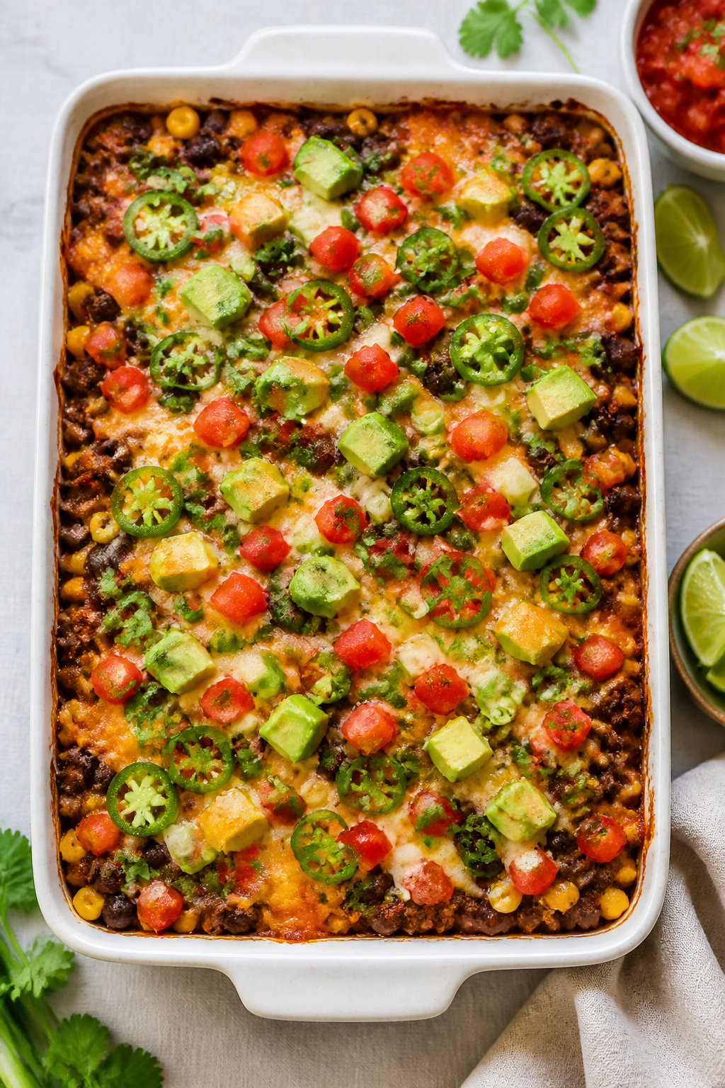 Overhead “tasty top view” of the assembled bake in a 9x13 pan: cauliflower base covered with an 
