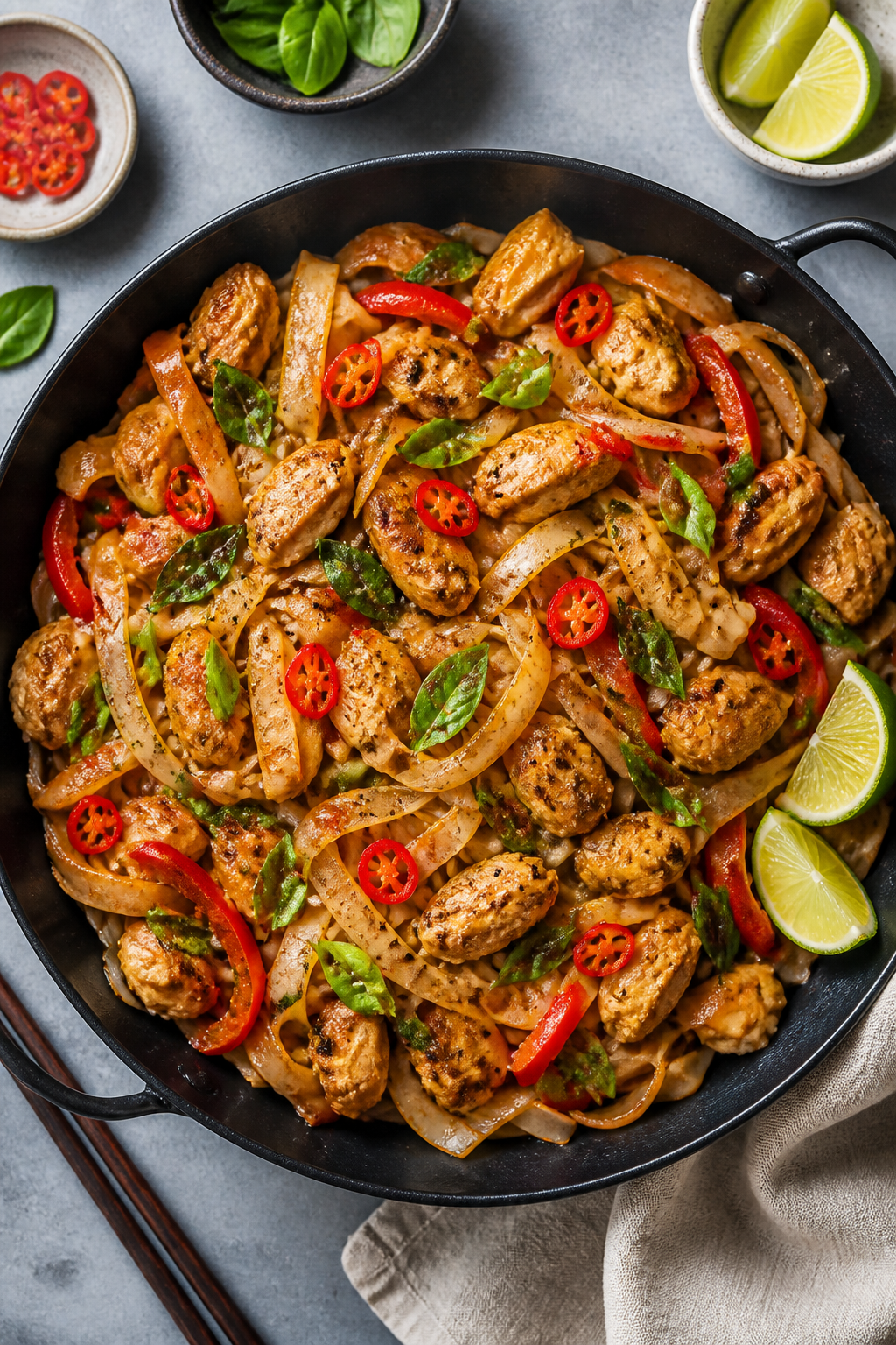 Overhead “tasty top view” of the finished Thai drunken noodles with chicken plated family-style