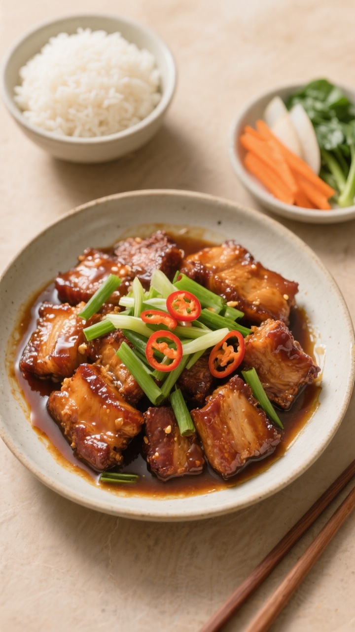 Overhead “tasty top view” of Vietnamese Caramelized Pork served family-style: a wide, shallow bo