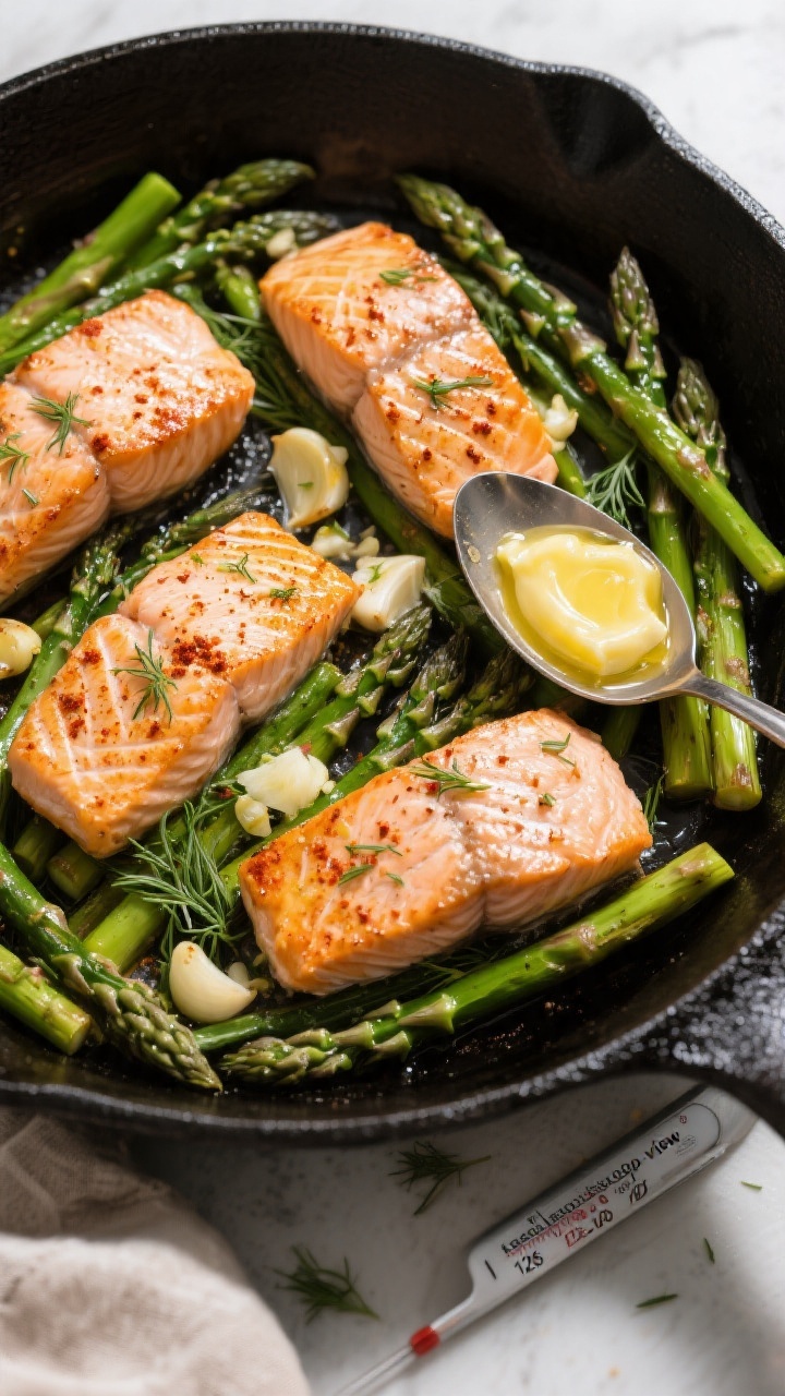 Overhead “tasty top view”: One-pan garlic butter salmon with asparagus in a black skillet, four 