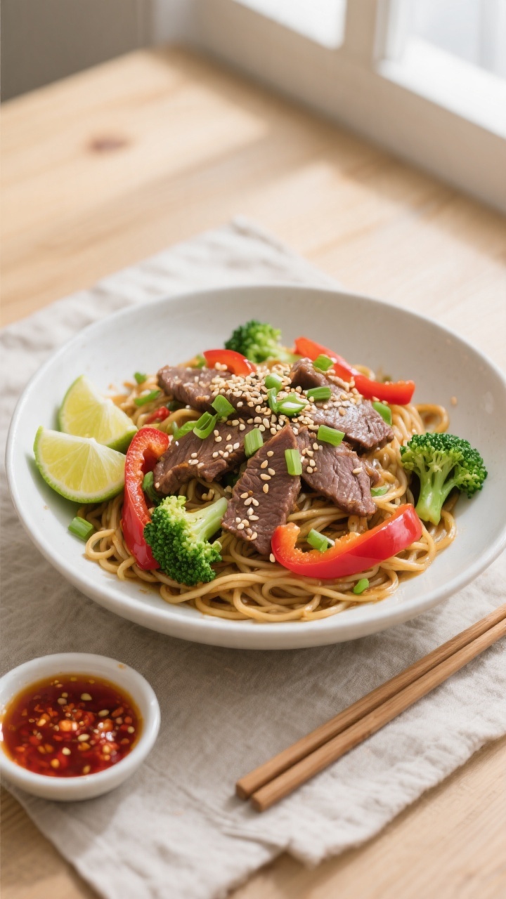 Overhead “tasty top view”: Sesame Garlic Beef Noodles plated family-style in a wide, matte-white