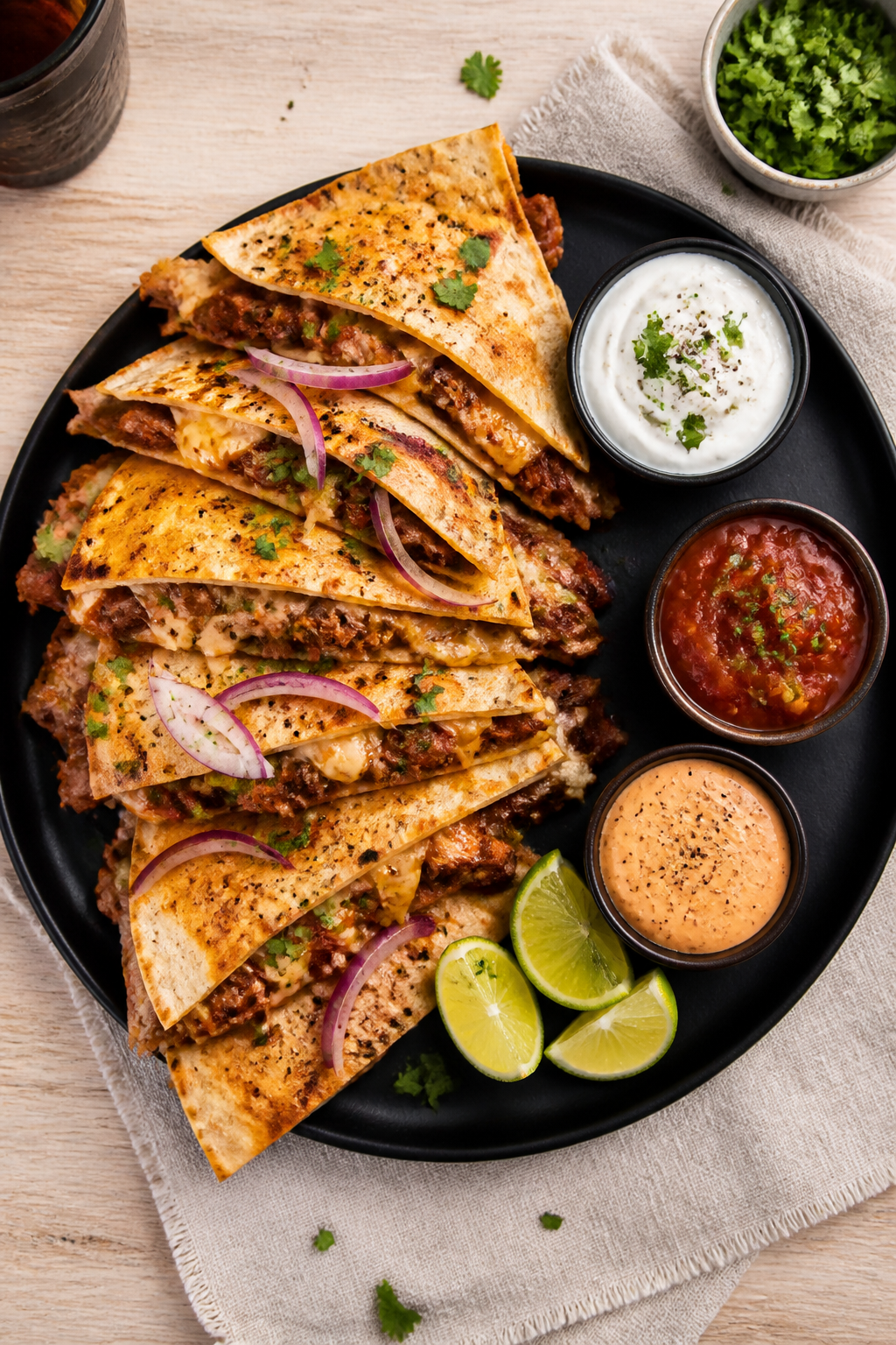 Overhead tasty top view: Sliced BBQ chicken quesadillas arranged in a fan on a matte black plate, sh