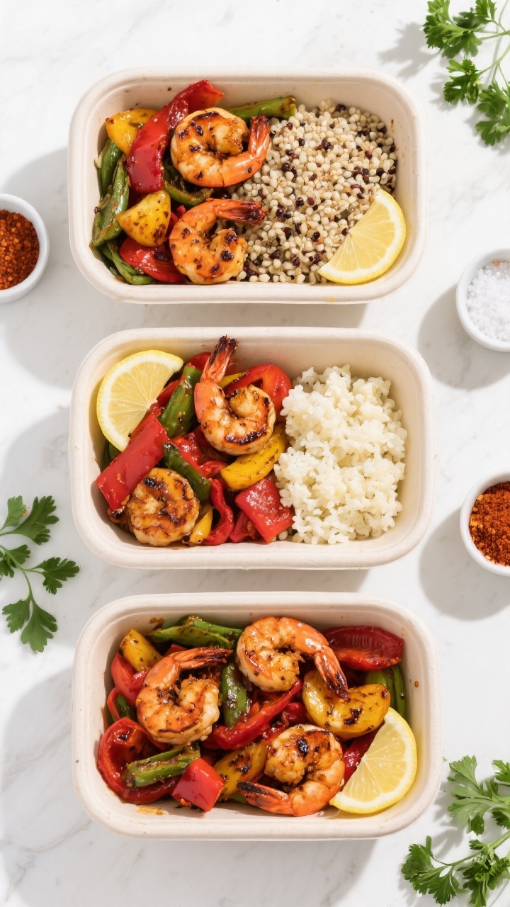 Overhead “tasty top view”: Top-down shot of a meal-prep spread—three compartments filled with 