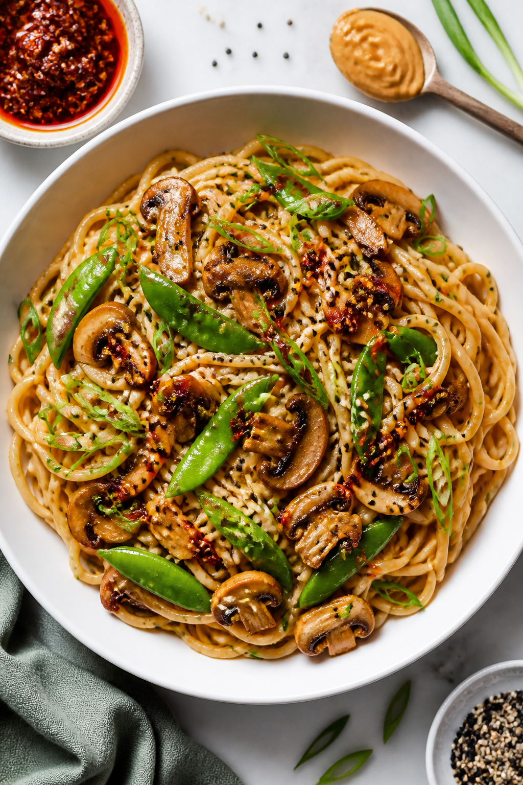 Overhead “tasty top view”: Top-down shot of a generous serving of glossy noodles spread in a wid
