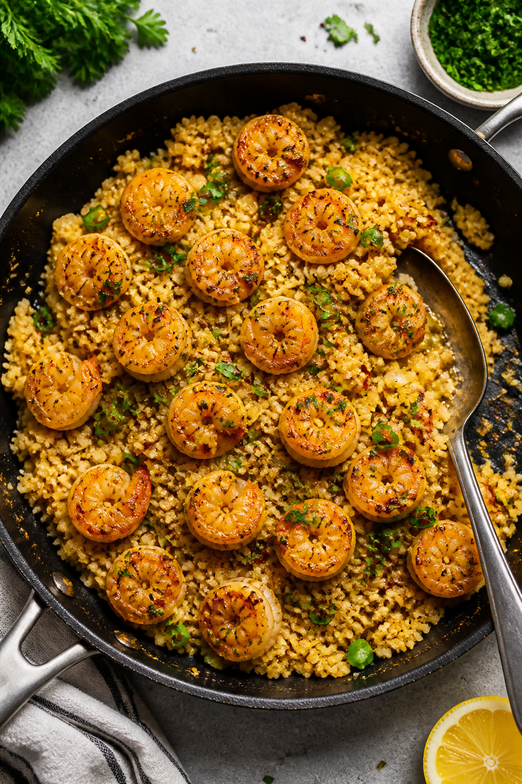 Overhead tasty top view: Top-down shot of a skillet filled with the finished Garlic Butter Shrimp Ca