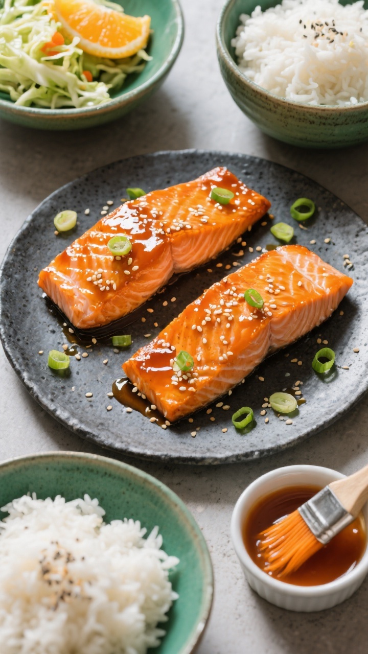 Overhead tasty top-view: Top-down shot of a weeknight spread—two orange glazed salmon fillets on a