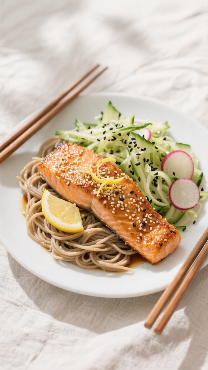 Overhead tasty top view: Top-down shot of sesame crusted salmon served with chilled soba noodles and