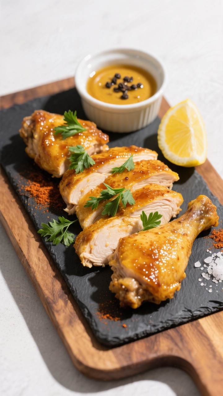 Overhead tasty top view: Top-down shot of sliced boneless honey mustard chicken thighs arranged on a