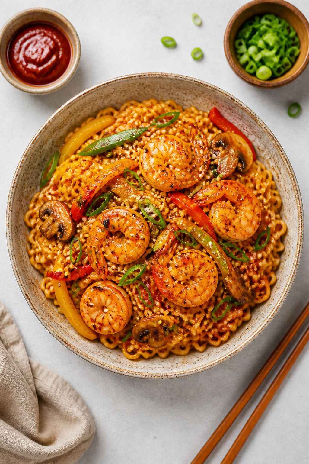 Overhead “tasty top view”: Top-down shot of the finished ramen pasta in a shallow ceramic bowl, 