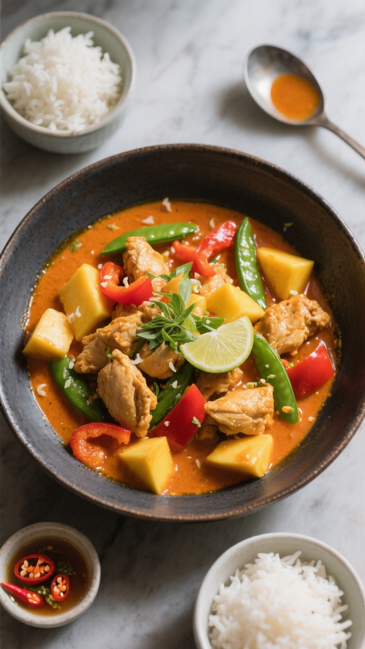 Overhead tasty top view: Top-down shot of Thai Mango Chicken Curry served family-style in a dark cer