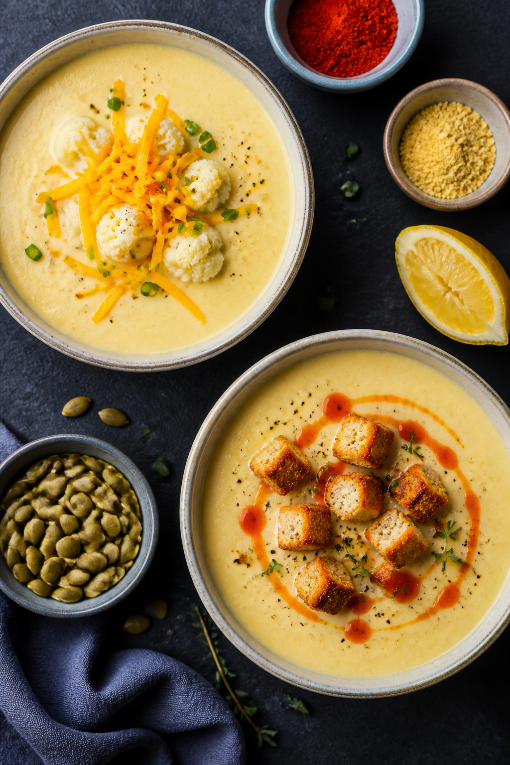 Overhead “tasty top view”: Top-down shot of two bowls of cheesy cauliflower soup on a matte slat