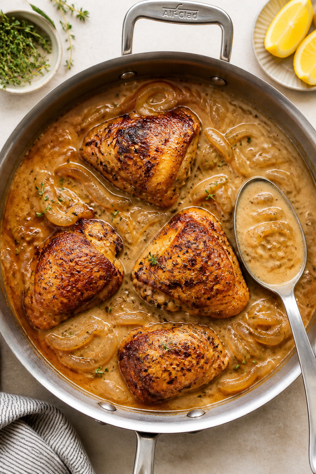 Overhead top-down shot of smothered onion chicken thighs nestled skin-side up in the skillet, deeply