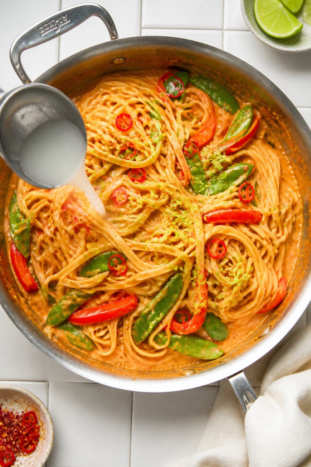 Overhead “toss with pasta” action shot: Linguine just added to the creamy red curry-coconut sauc