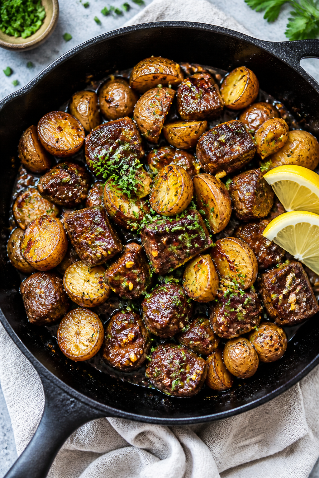 Overhead “tossed-in-the-skillet” finale: Garlic Butter BBQ Steak Bites with Potatoes just brough