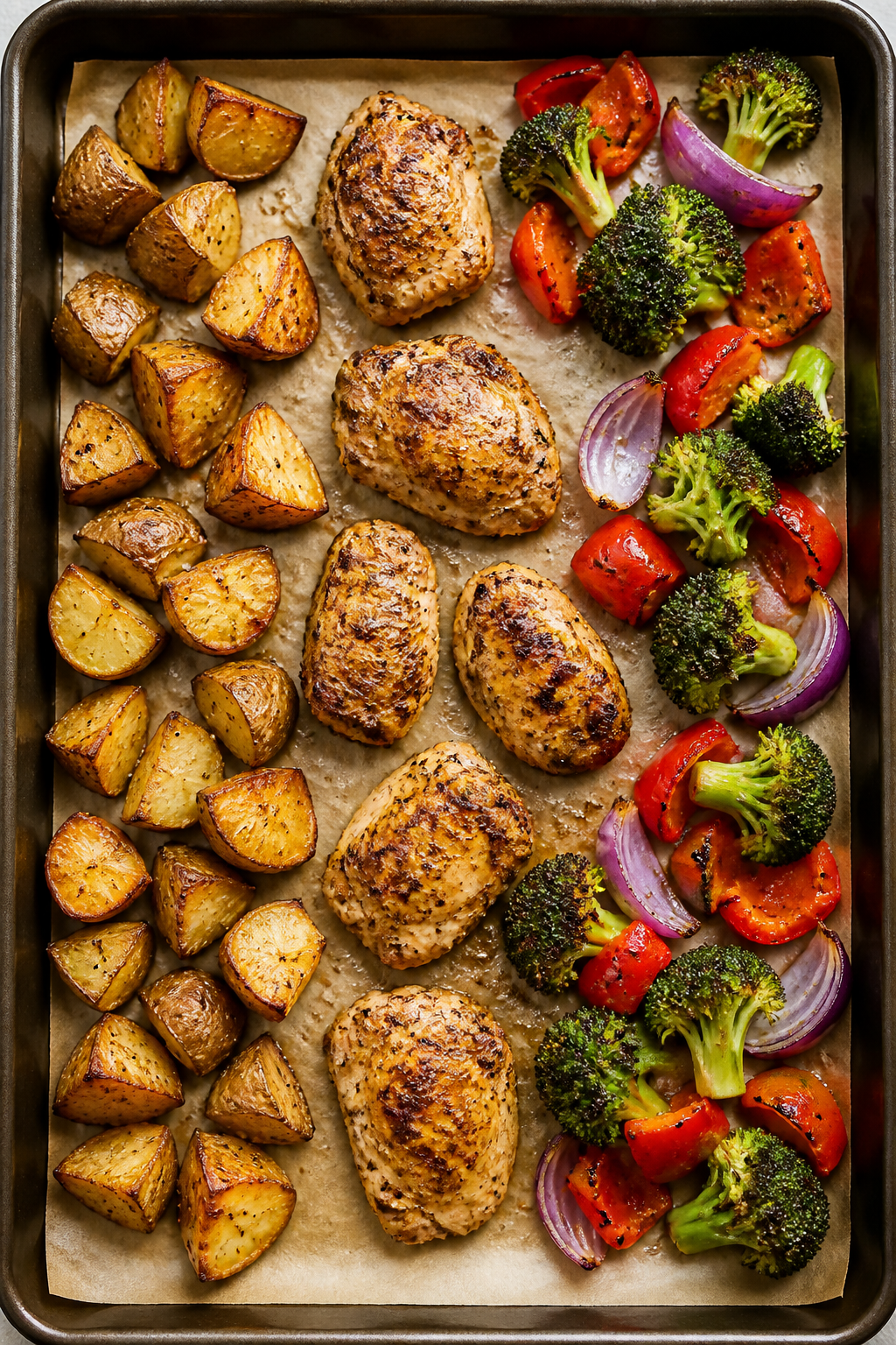 Process shot at the midpoint roast: overhead view of the sheet pan after the potato head start, now 