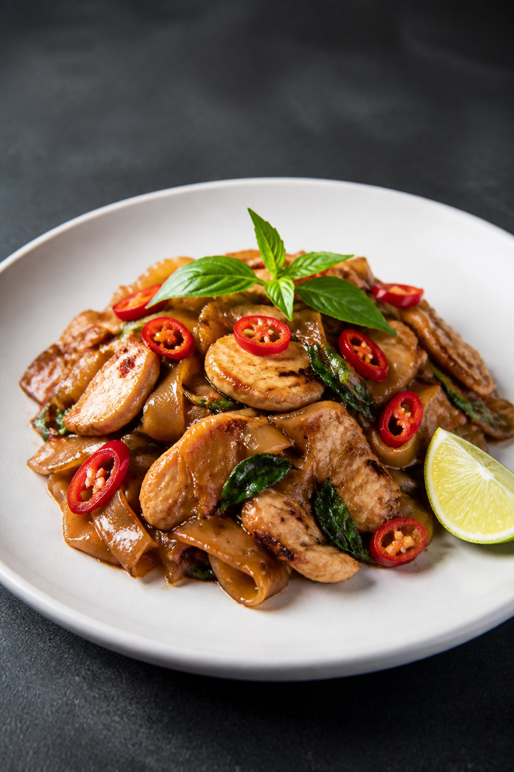 Restaurant-quality final plate: Thai drunken noodles with chicken twirled into a loose mound on a ma