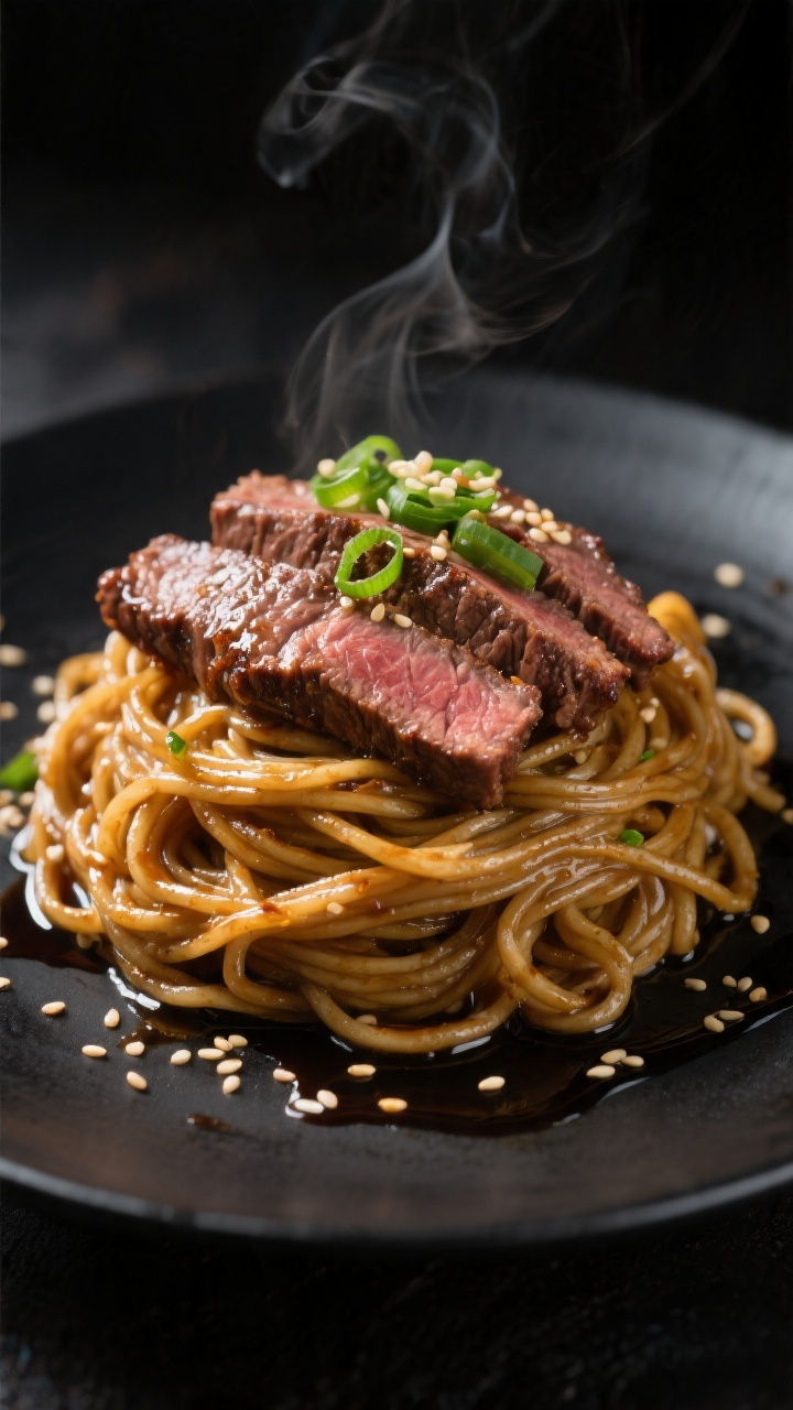 Restaurant-quality final presentation: Elegant single serving of Sesame Garlic Beef Noodles twirled 