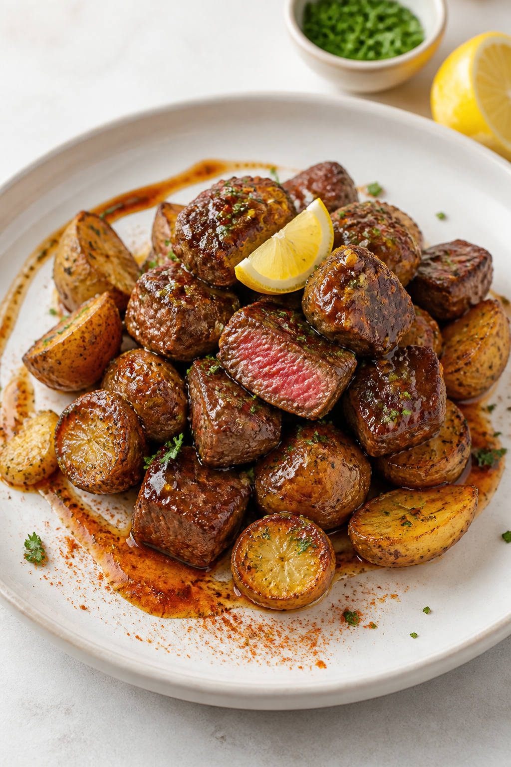 Restaurant-style plated presentation: Beautifully plated Garlic Butter BBQ Steak Bites with Potatoes