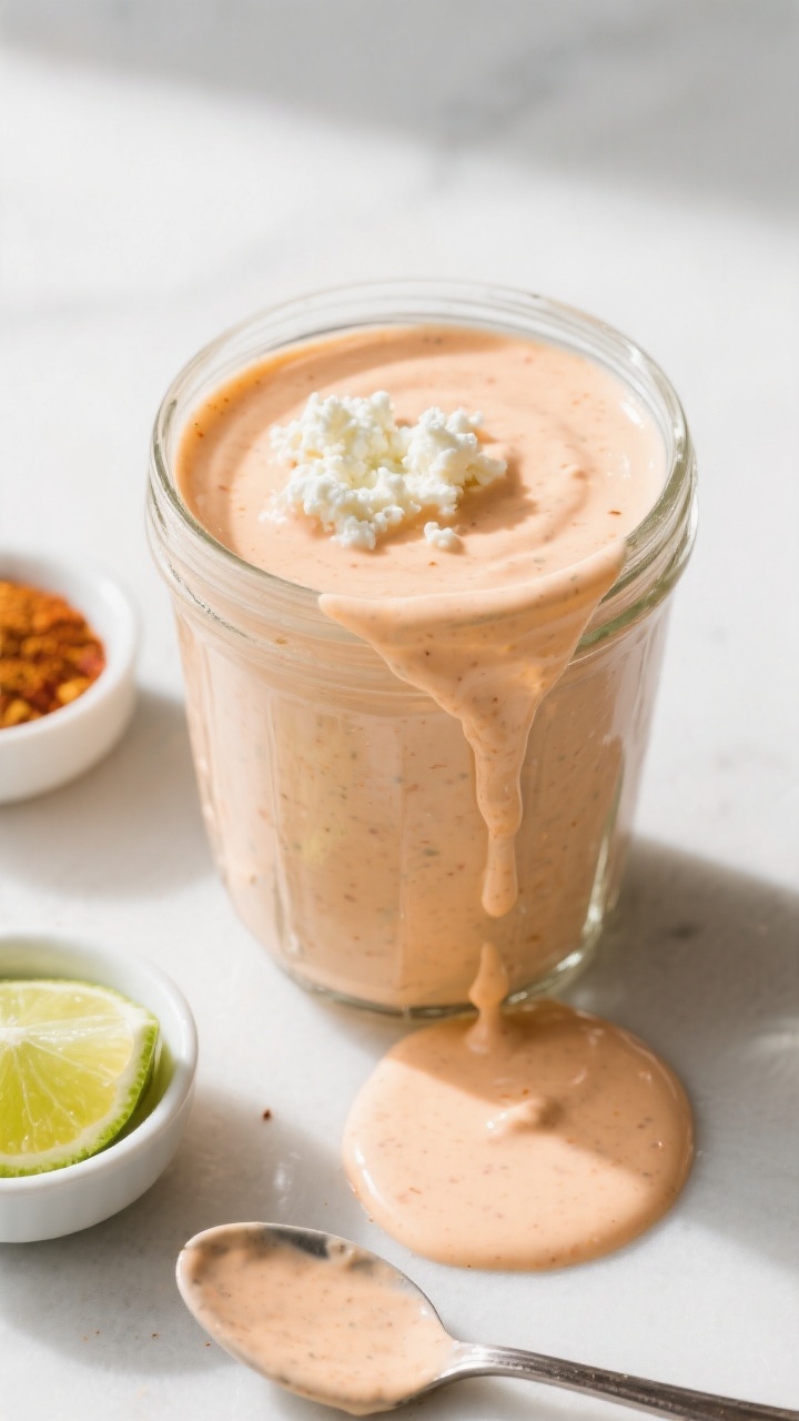 Sauce blending — Creamy cottage cheese taco dressing: Overhead shot of a glass blender jar filled 