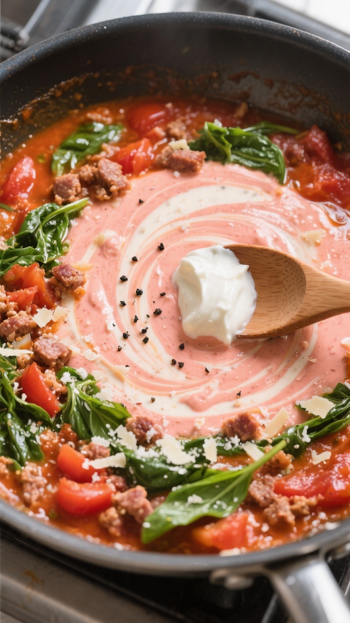Sauce-building detail: Overhead shot of a creamy tomato sauce in a sauté pan mid-simmer—rich crus
