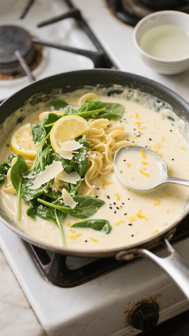 Sauce-building moment, overhead: Overhead shot of a creamy lemon-garlic sauce in a wide skillet, lig