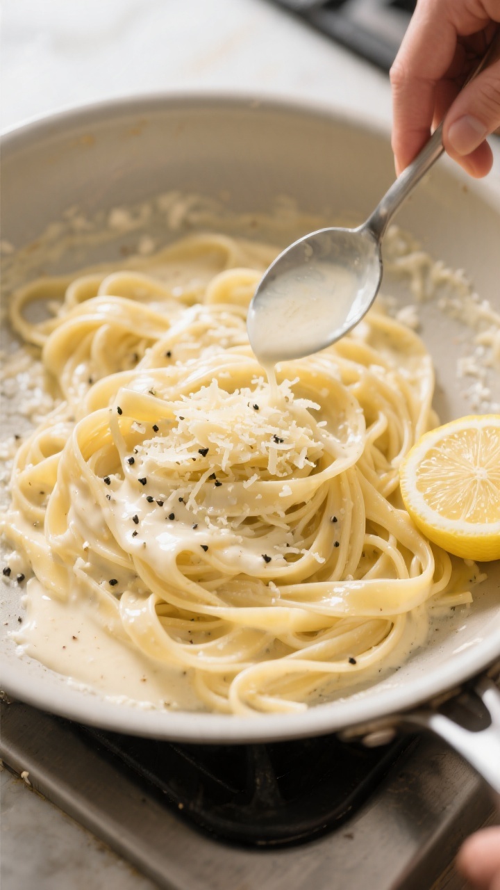 Saucing and toss, overhead action shot: Fettuccine being gently tossed in a large sauté pan with a