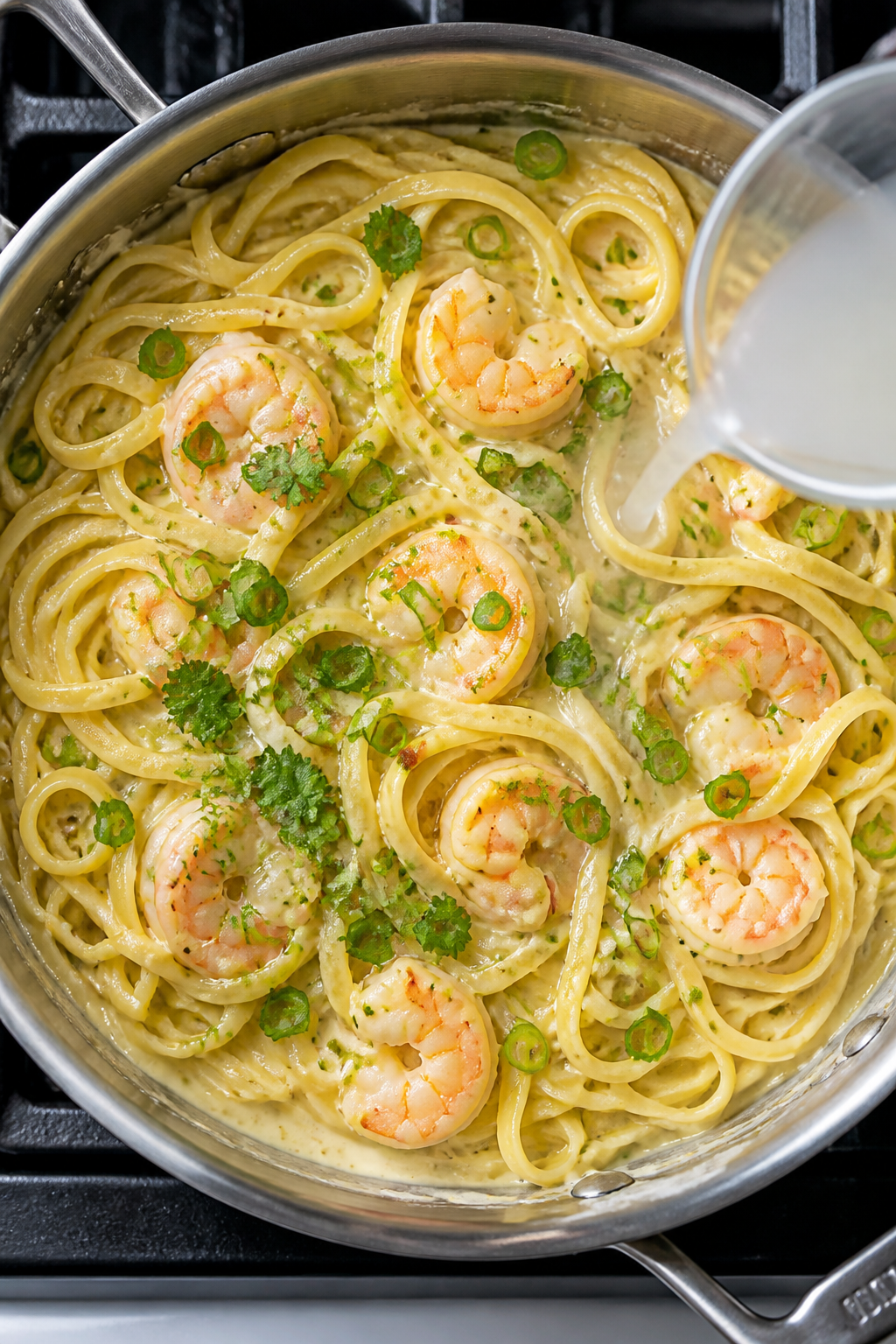 Saucing stage, overhead: Overhead shot of linguine being tossed in a silky coconut-lime sauce in a w