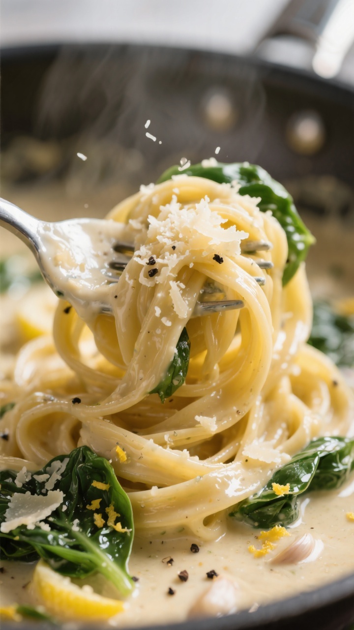 Silky sauce detail: Macro shot of creamy garlic-Parmesan sauce clinging to al dente fettuccine as to