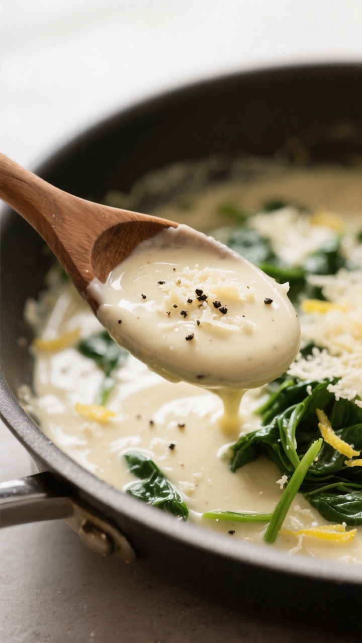 Silky sauce detail: Macro shot of the creamy garlic-Parmesan sauce coating a wooden spoon above the 