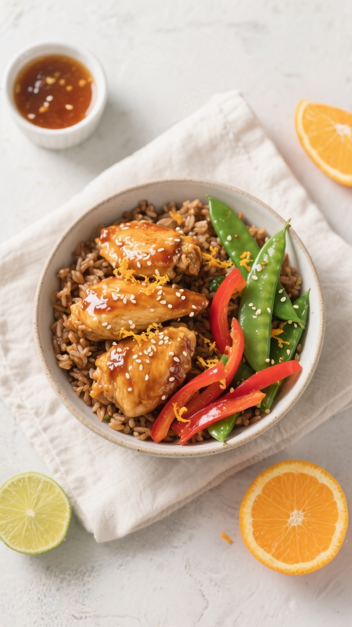 Tasty overhead bowl: Top-down composition of an orange chicken bowl with brown rice, snap peas, and