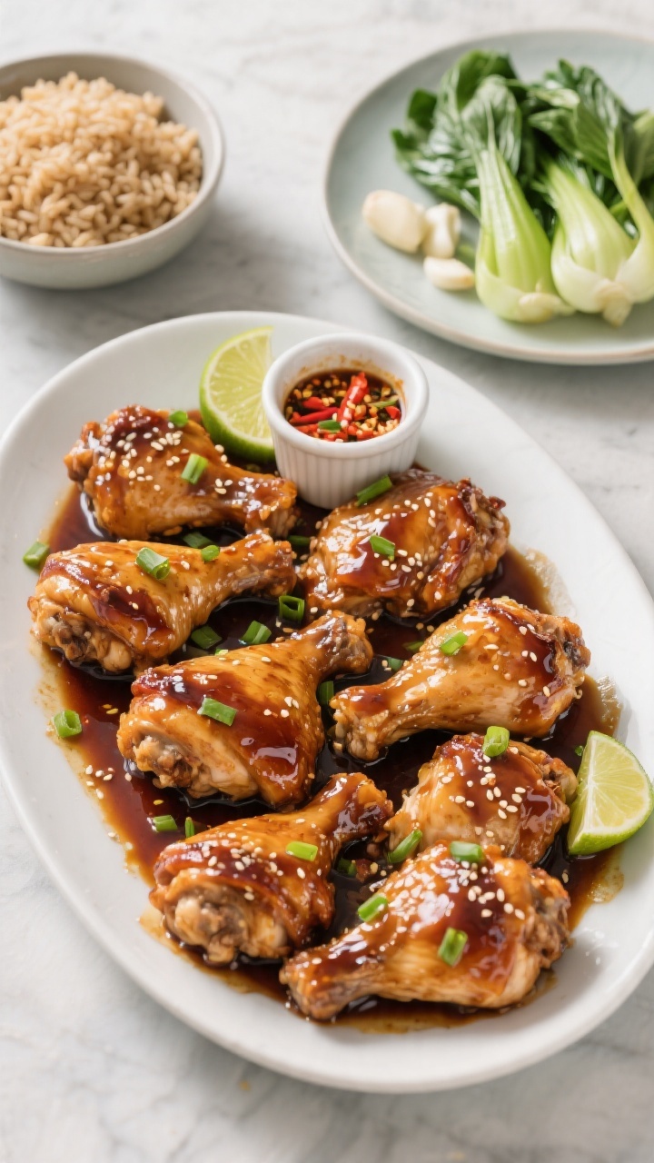 Tasty overhead family-style: Top-down shot of a shareable platter of honey-soy glazed chicken thighs