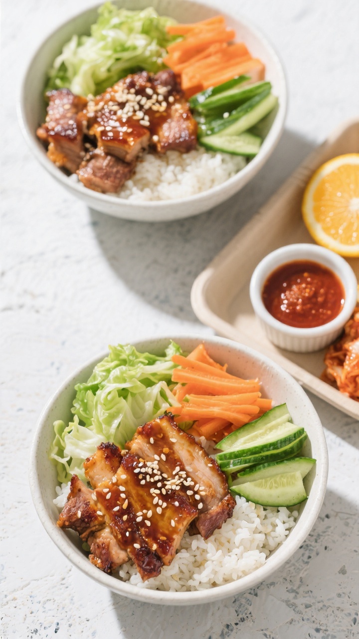 Tasty overhead meal-prep/top view: Overhead shot of two assembled Korean BBQ pork bowls and one deco