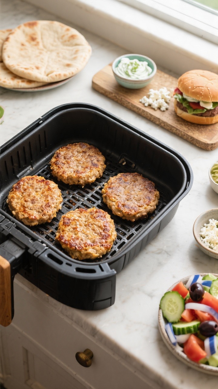 Tasty overhead process-to-serve scene: Top-down shot of four golden turkey burger patties just flipp