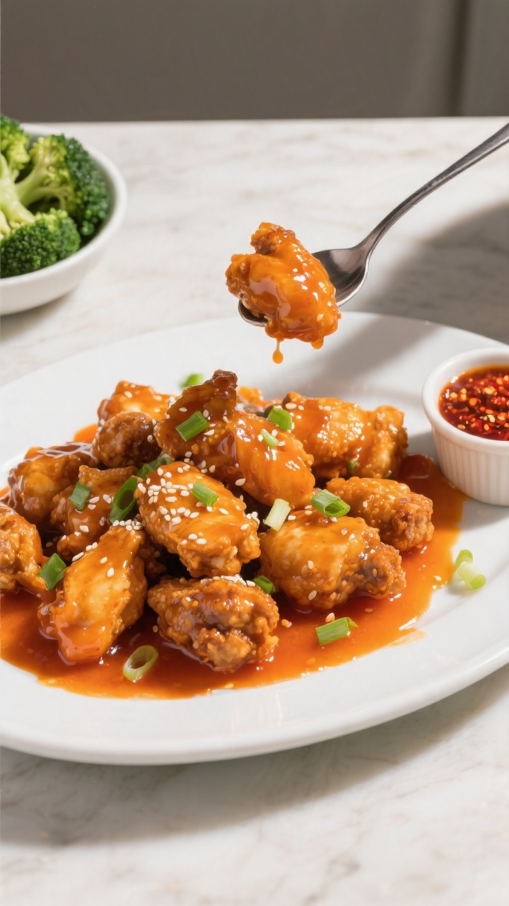 Tasty : Overhead shot of a shareable platter of orange chicken, vibrant amber sauce clinging to crag