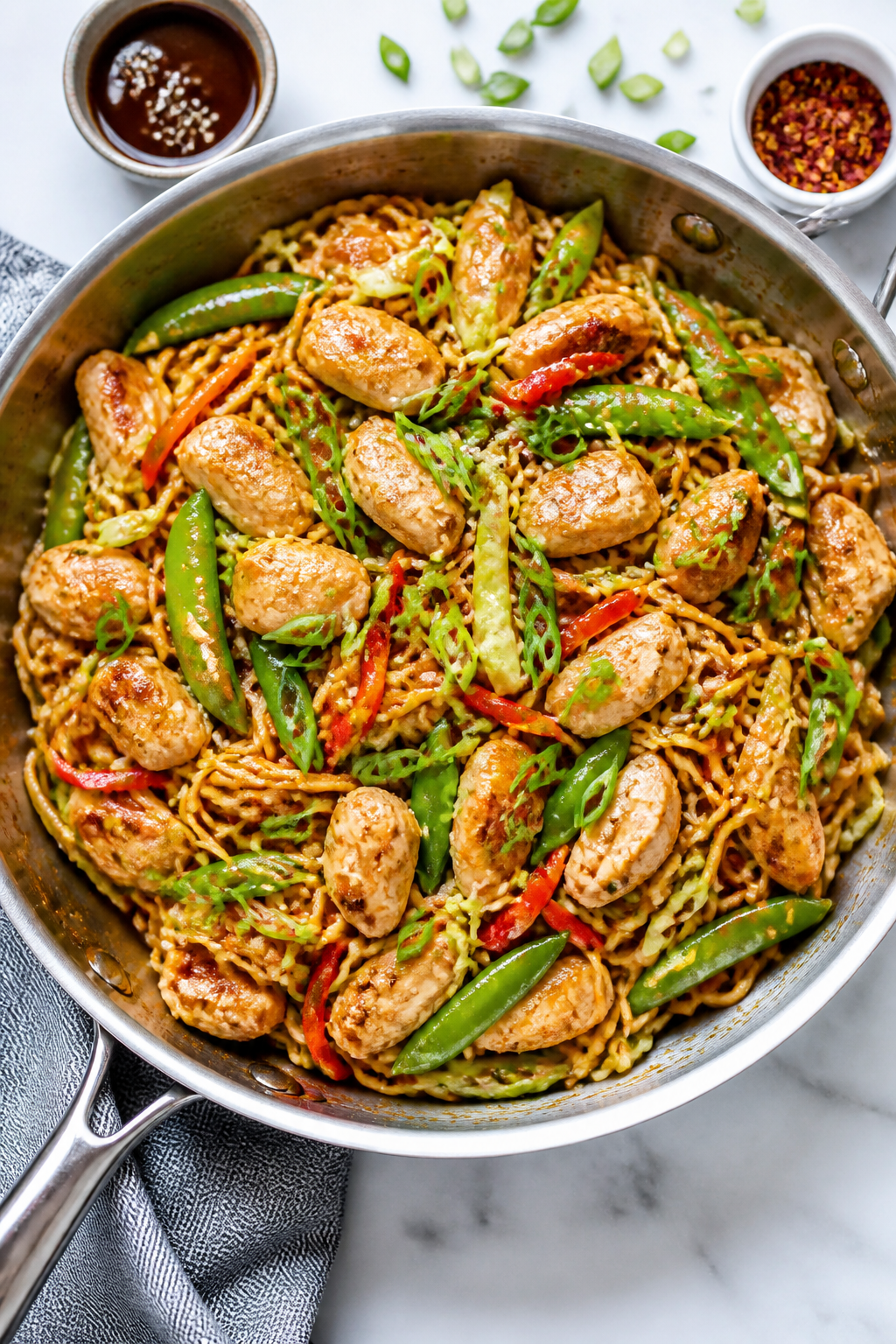Tasty : Overhead shot of Chicken Lo Mein ready to serve family-style in a large skillet, evenly dist