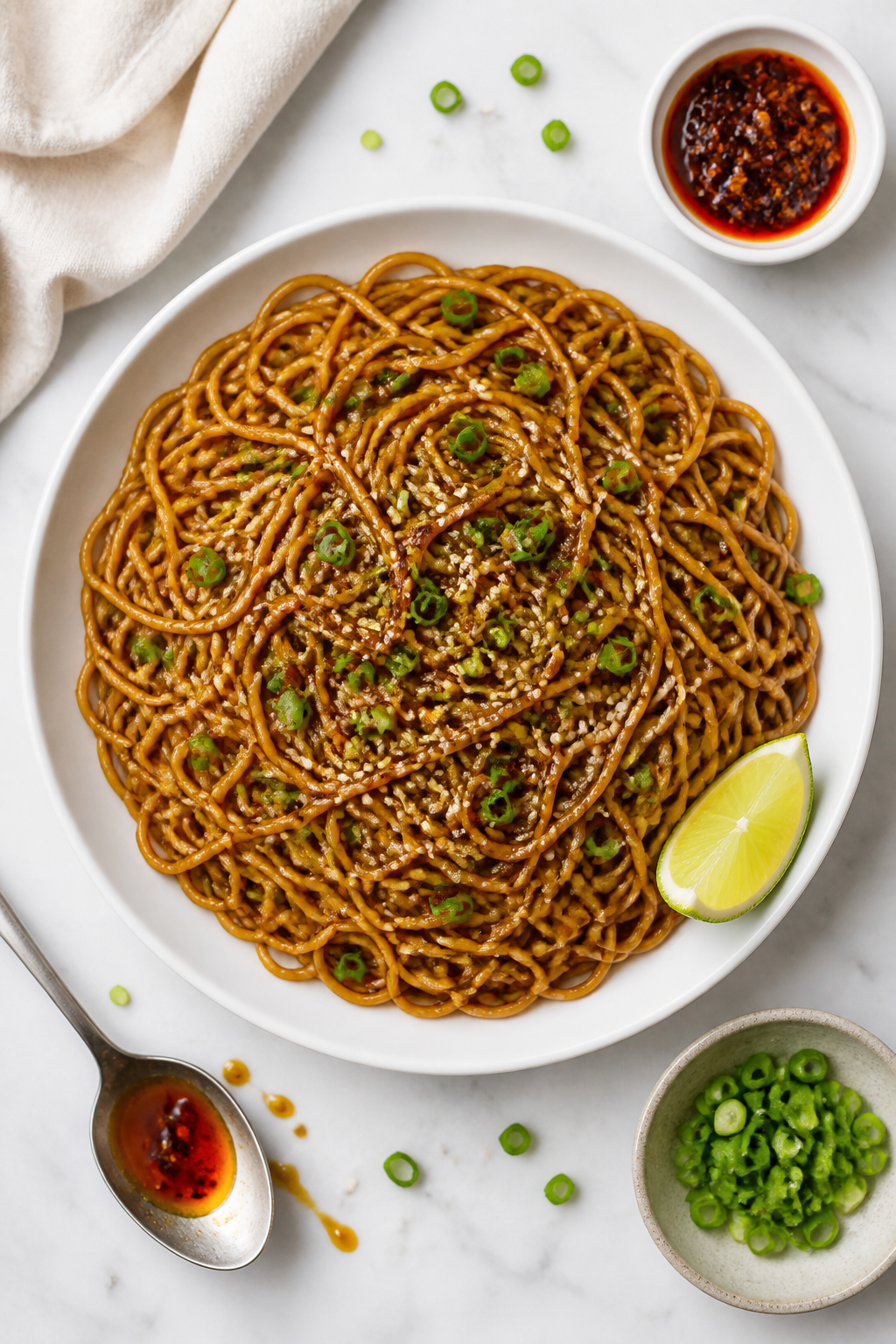 Tasty : Overhead shot of Garlic Butter Soy Sauce Noodles spread in a shallow white platter, every st