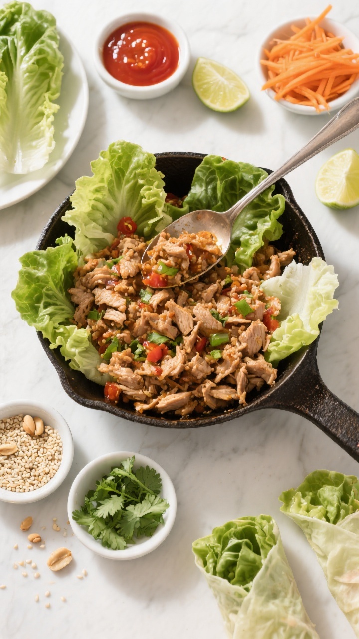 Tasty overhead spread: Top-down shot of a DIY lettuce wrap setup—warm skillet of finished turkey f